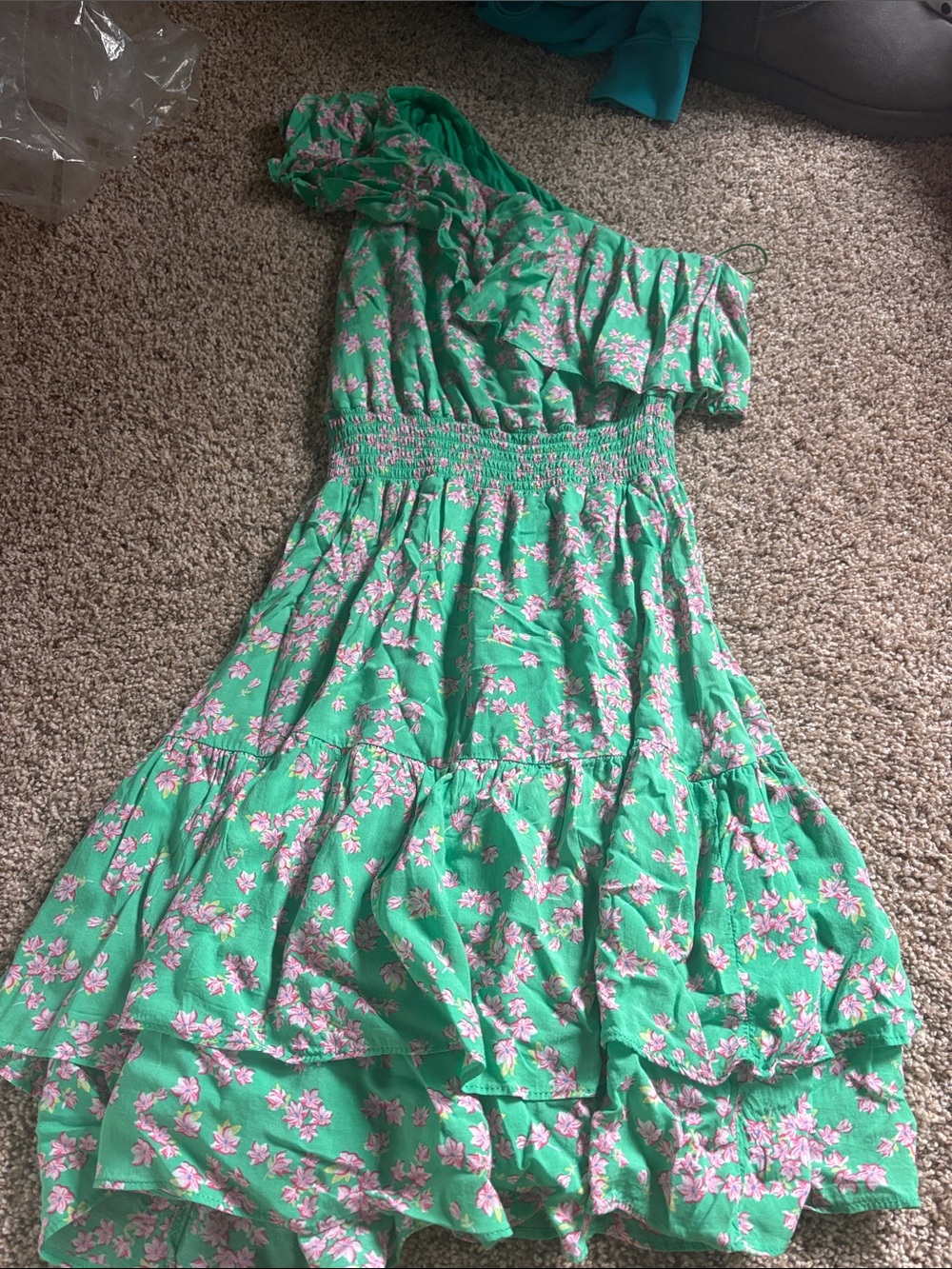 Draper James Green Floral One-Shoulder Sundress with Pink Blossoms